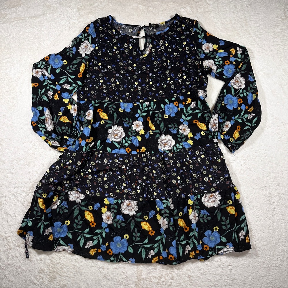 Suzanne Betro Black Floral Tiered Long-Sleeve Dress with Blue & Yellow Accents